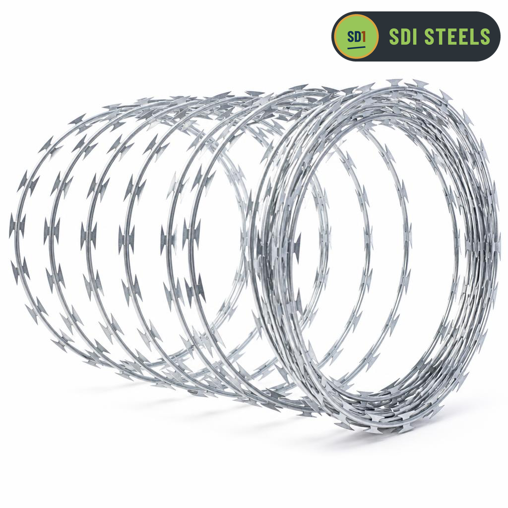 Expanded coil of galvanized concertina razor wire